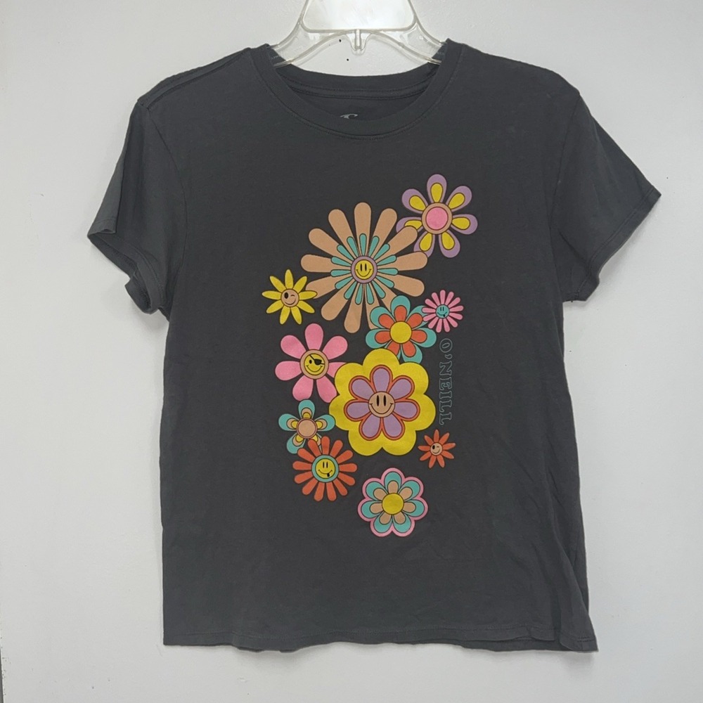 O'NEILL Women's Size Large Graphic Tee Emoji Flowers T Shirt Top Smiley Faces